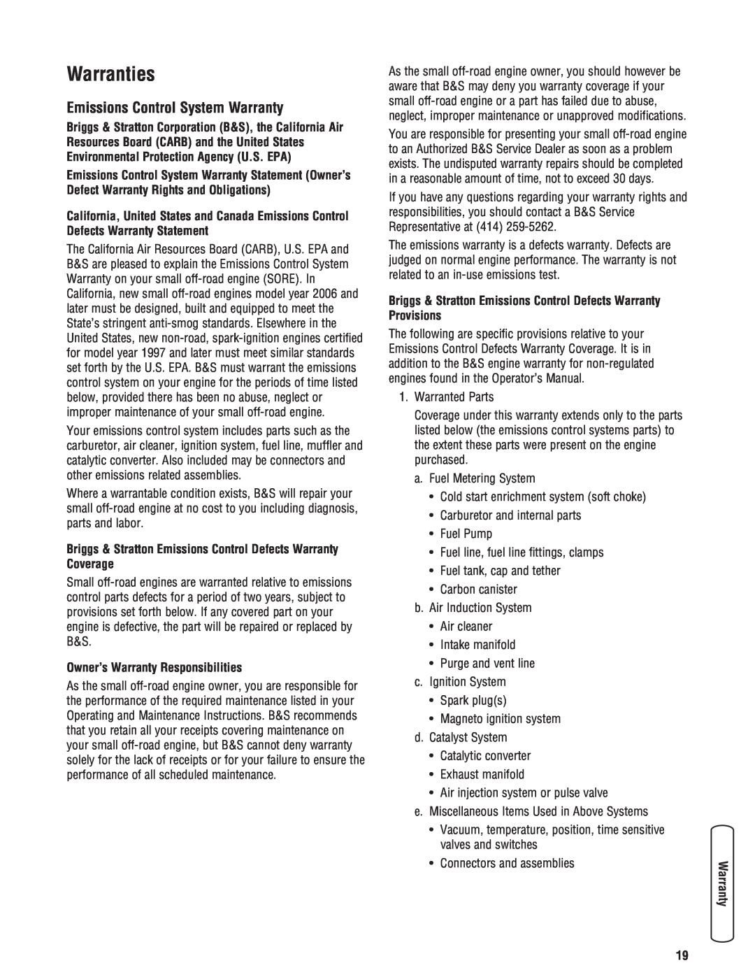 Briggs & Stratton 30348 manual Warranties, Emissions Control System Warranty, Owner’s Warranty Responsibilities 