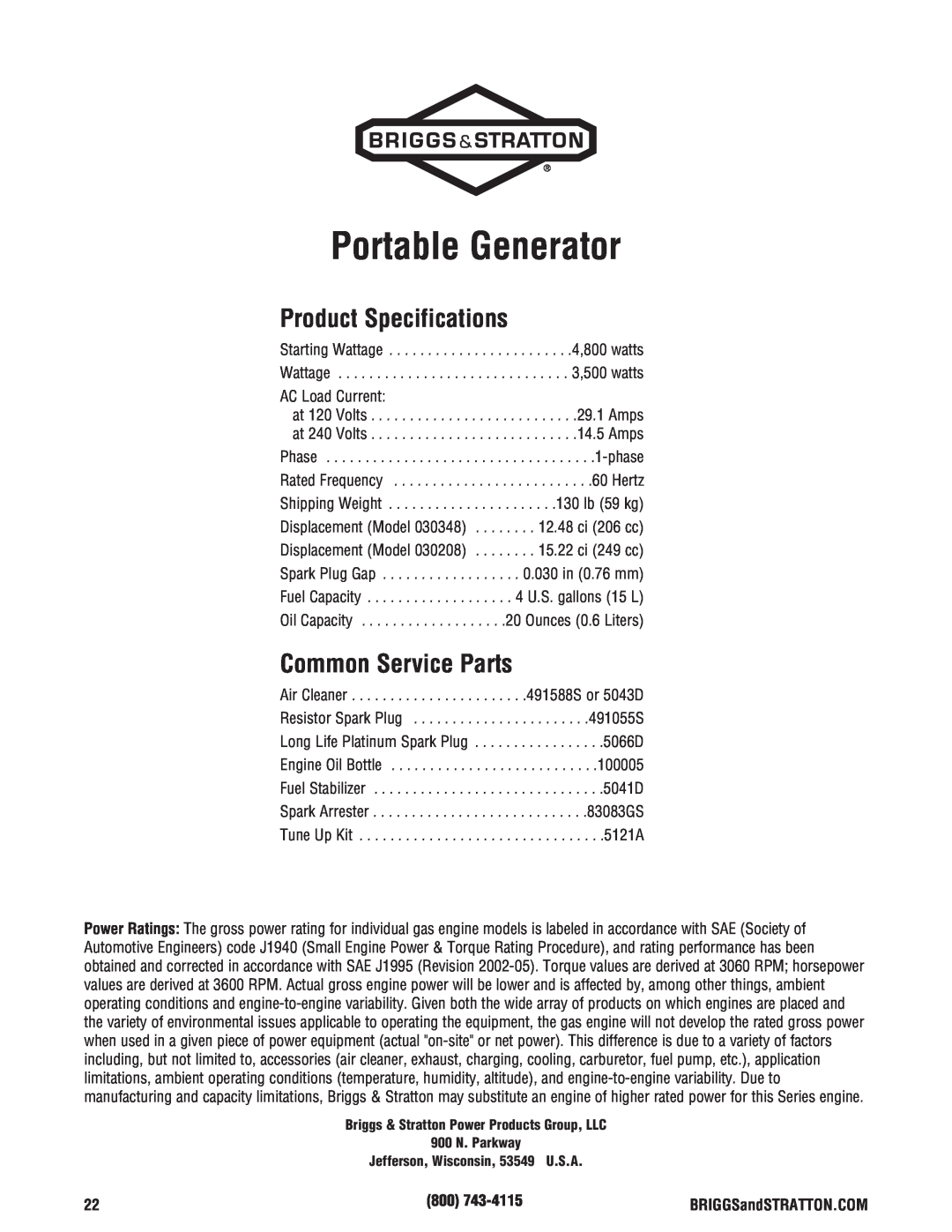Briggs & Stratton 30348 manual Portable Generator, Product Specifications, Common Service Parts 
