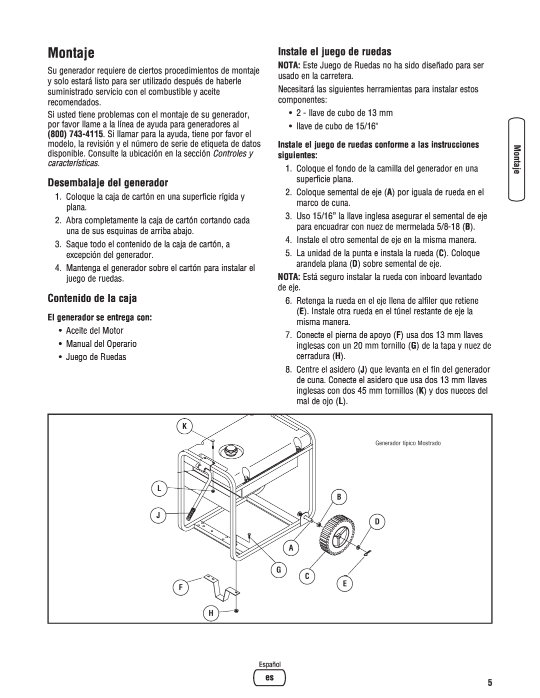 Briggs & Stratton 30348 manual Montaje, Desembalaje del generador, Instale el juego de ruedas, Contenido de la caja 