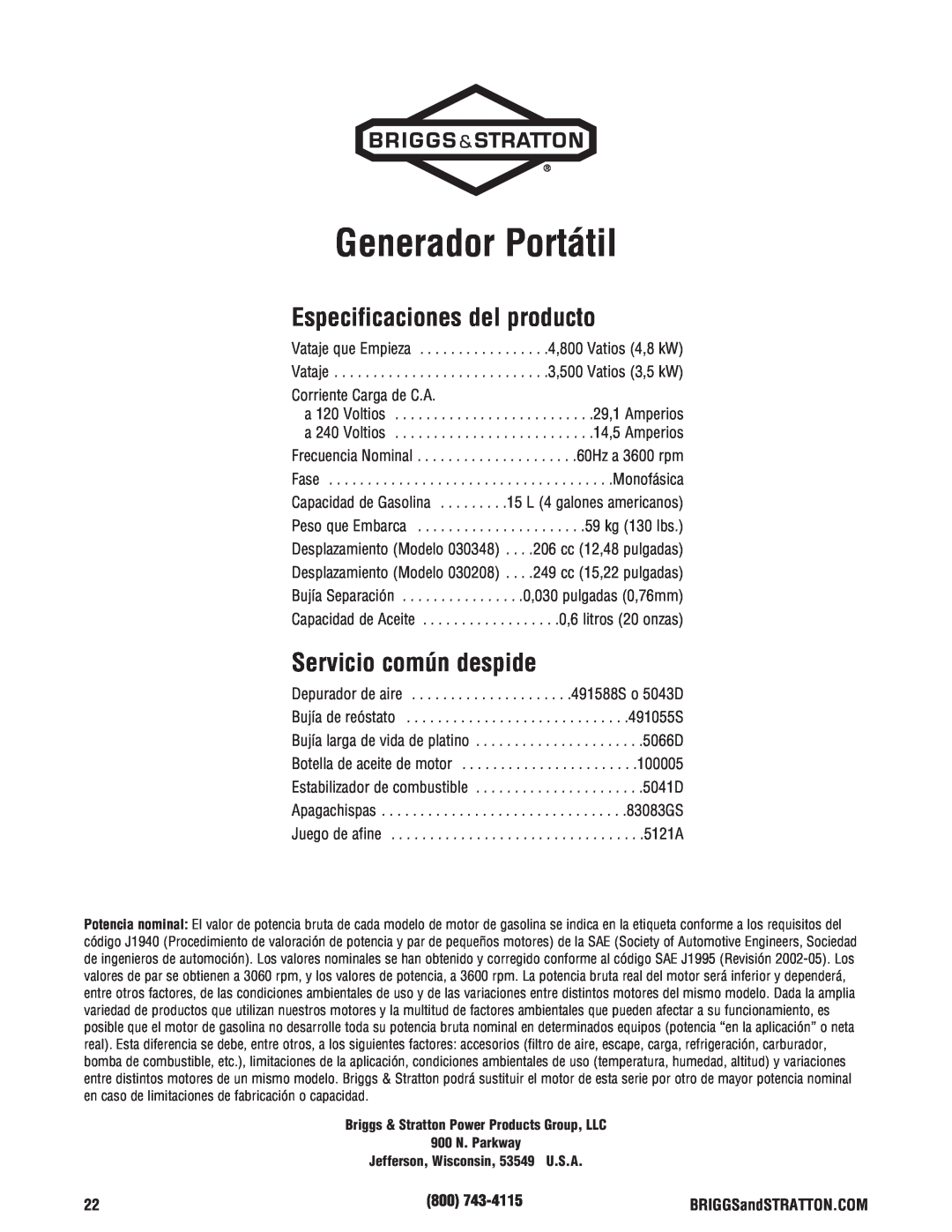 Briggs & Stratton 30348 manual Generador Portátil, Especificaciones del producto, Servicio común despide 