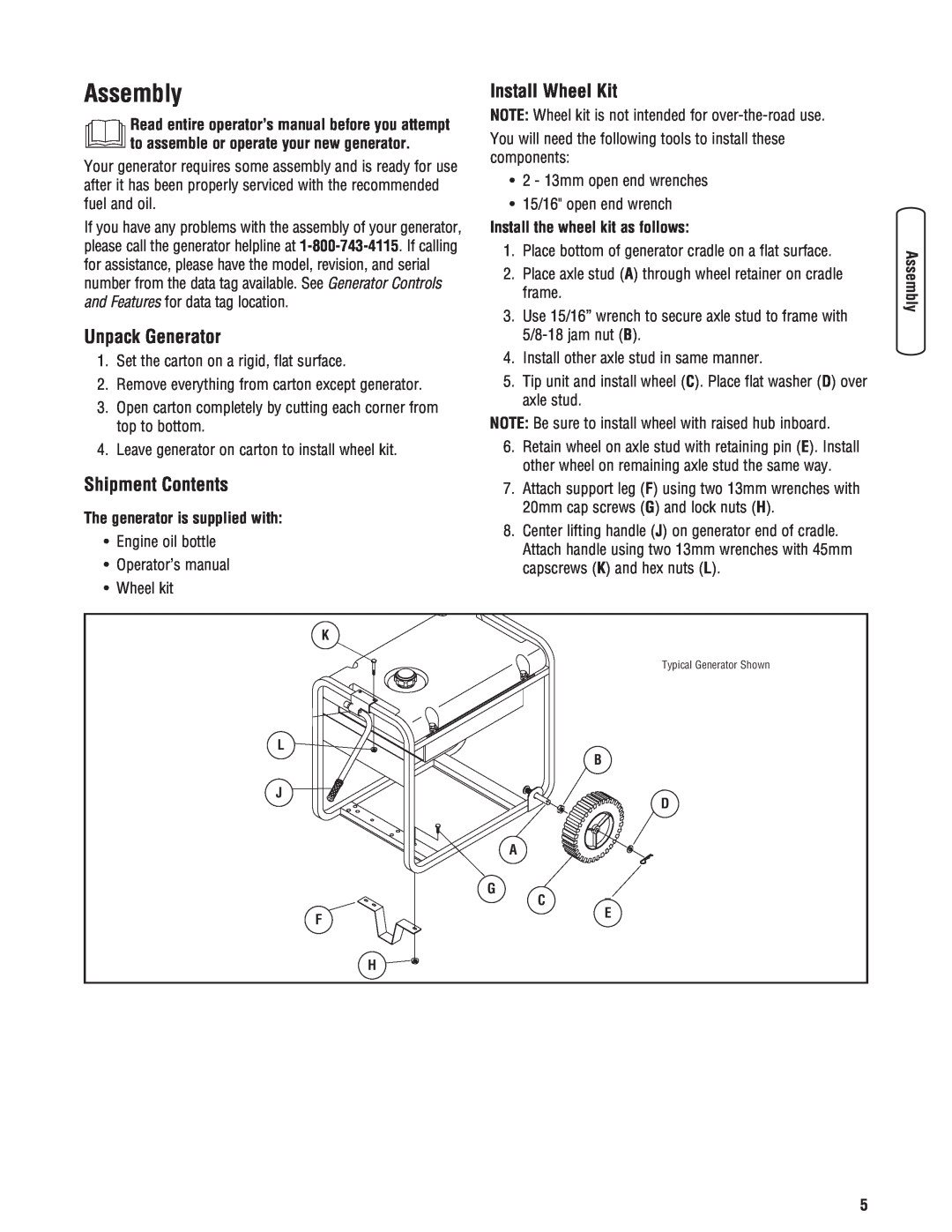 Briggs & Stratton 30348 Assembly, Unpack Generator, Install Wheel Kit, Shipment Contents, Install the wheel kit as follows 
