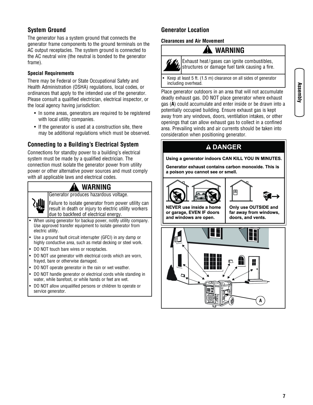Briggs & Stratton 30348 manual System Ground, Connecting to a Building’s Electrical System, Generator Location 