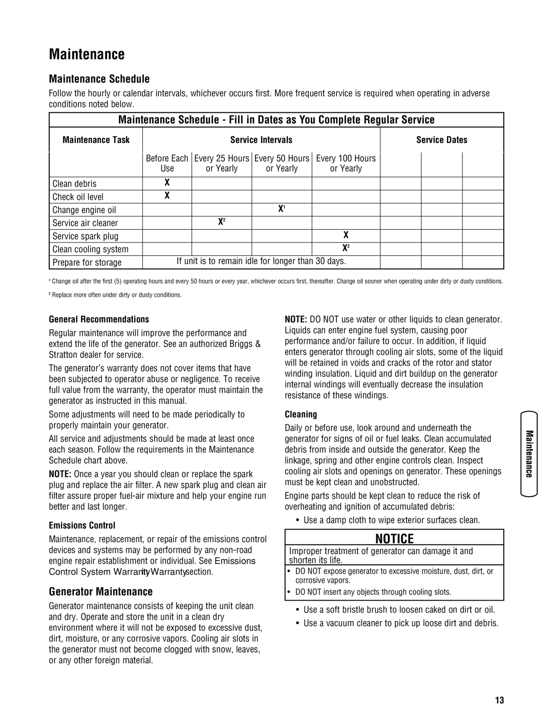 Briggs & Stratton 30348 manual Maintenance Schedule, Generator Maintenance 