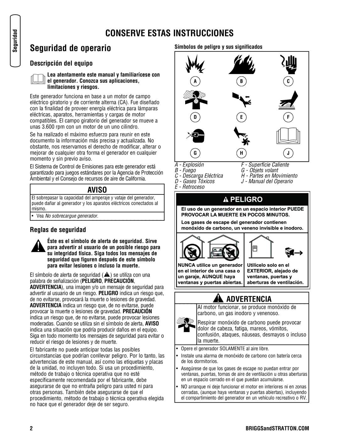 Briggs & Stratton 30348 manual Seguridad de operario, Descripción del equipo, Reglas de seguridad 