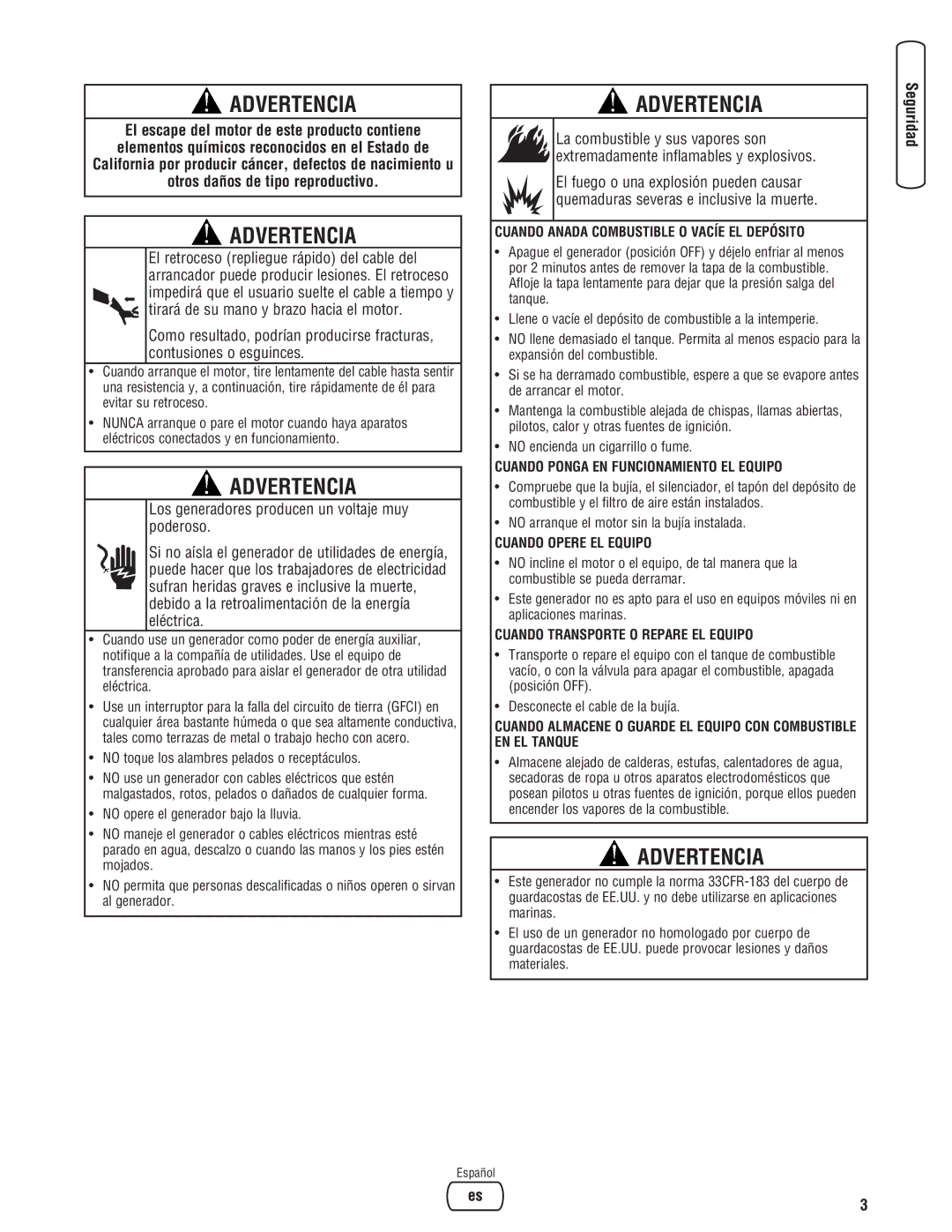 Briggs & Stratton 30348 manual Cuando Anada Combustible O Vacíe EL Depósito, Cuando Ponga EN Funcionamiento EL Equipo 