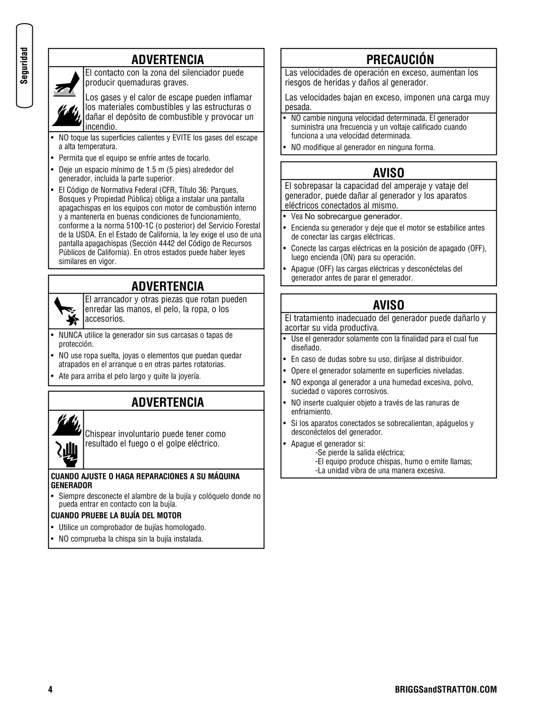 Briggs & Stratton 30348 manual Cuando Ajuste O Haga Reparaciones a SU Máquina Generador, Cuando Pruebe LA Bujía DEL Motor 