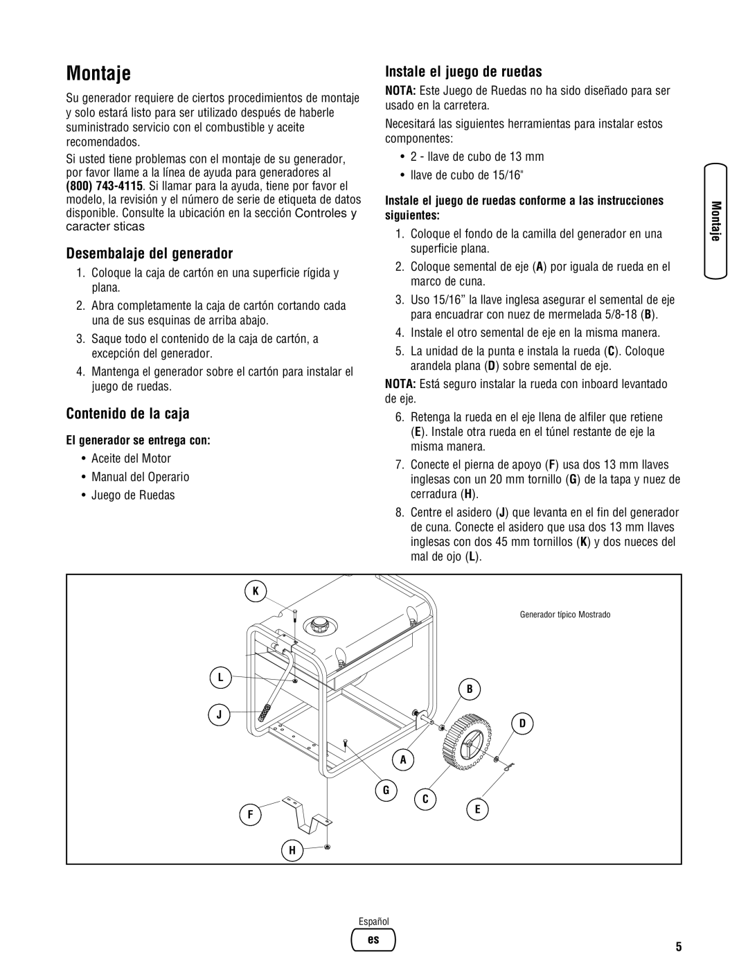 Briggs & Stratton 30348 manual Montaje, Desembalaje del generador, Instale el juego de ruedas, Contenido de la caja 