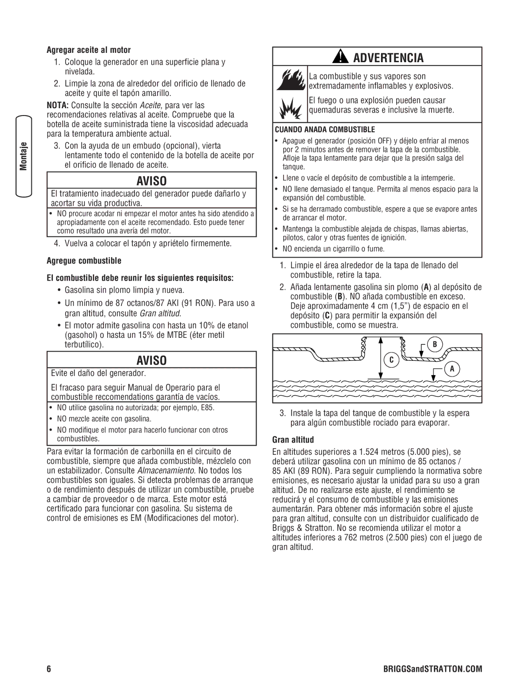 Briggs & Stratton 30348 manual Agregar aceite al motor, Vuelva a colocar el tapón y apriételo firmemente, Gran altitud 