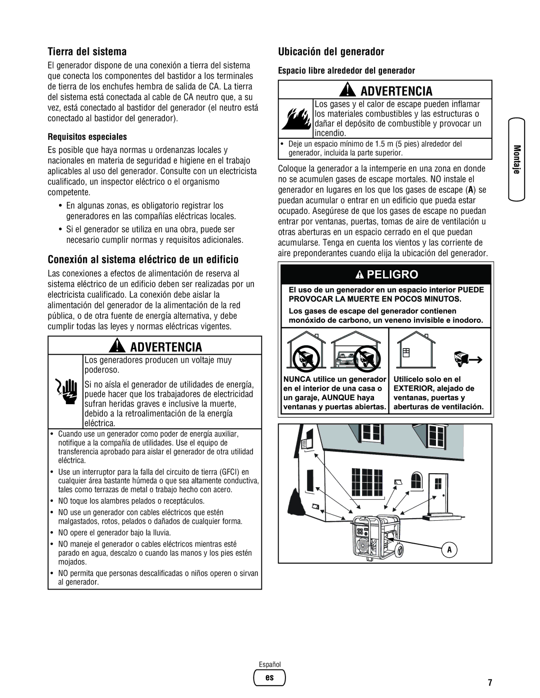 Briggs & Stratton 30348 manual Tierra del sistema, Conexión al sistema eléctrico de un edificio, Ubicación del generador 