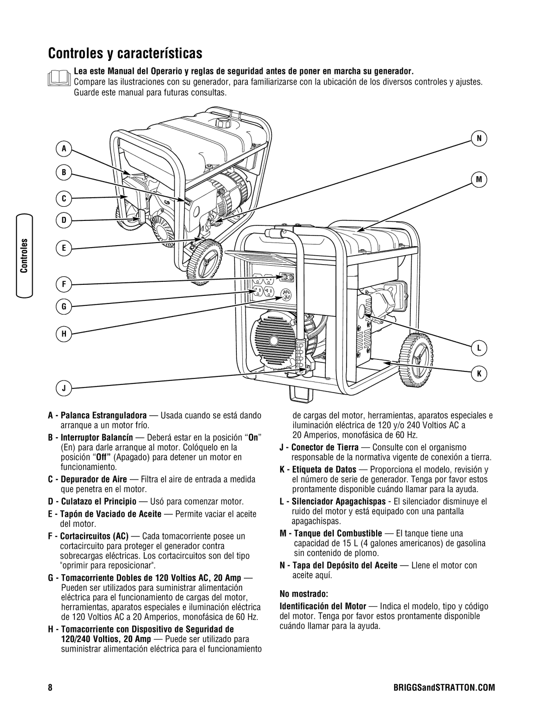 Briggs & Stratton 30348 manual Controles y características, Amperios, monofásica de 60 Hz 