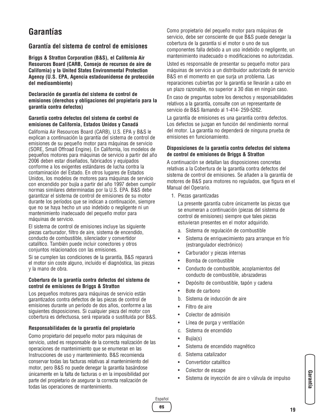 Briggs & Stratton 30348 manual Garantías, Garantía del sistema de control de emisiones 