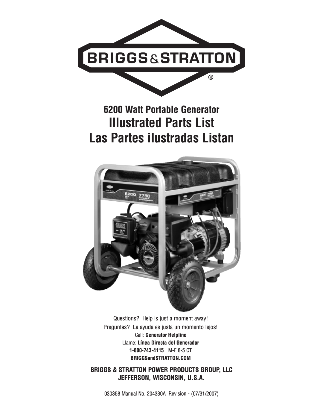 Briggs & Stratton 30358 manual Watt Portable Generator, Call Generator Helpline, Llame Línea Directa del Generador 