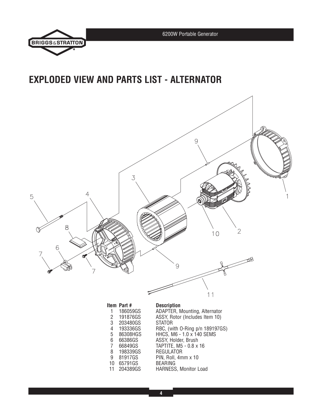 Briggs & Stratton 30358 manual Exploded View And Parts List - Alternator, 186059GS, 6200W Portable Generator, Description 