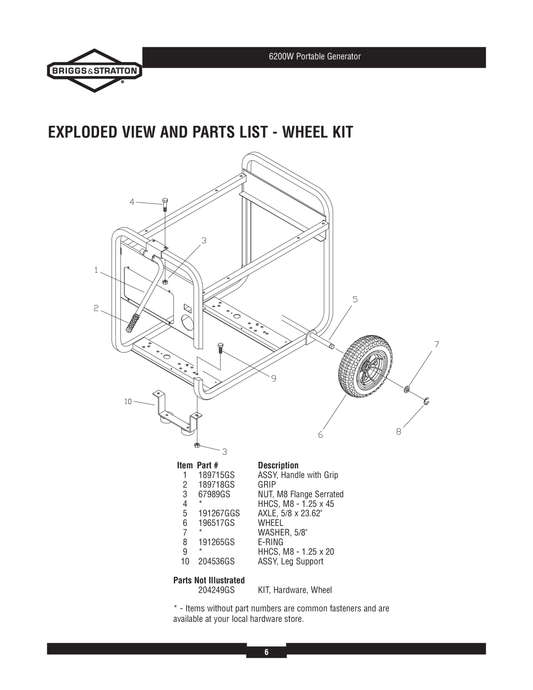 Briggs & Stratton 30358 manual Exploded View And Parts List - Wheel Kit, 6200W Portable Generator, Parts Not Illustrated 