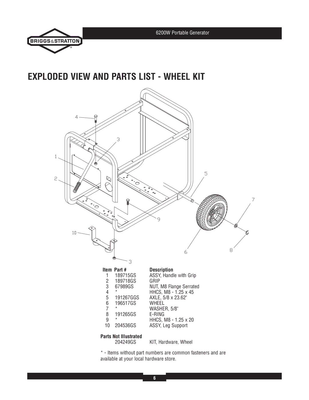 Briggs & Stratton 30358 manual Exploded View and Parts List Wheel KIT, Parts Not Illustrated 