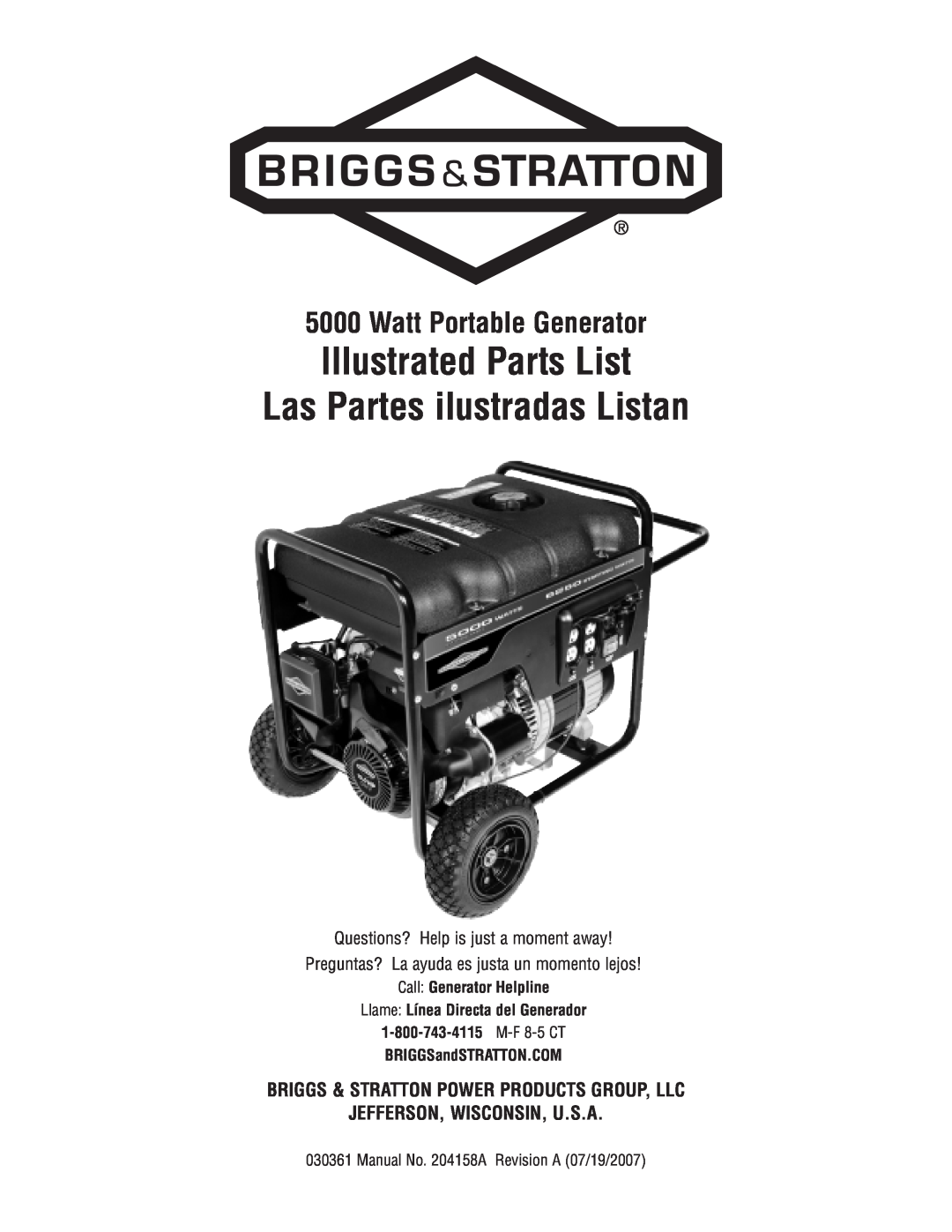 Briggs & Stratton 30361 manual Watt Portable Generator, Call Generator Helpline, Llame Línea Directa del Generador 