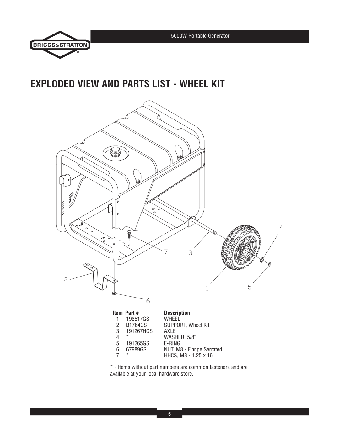 Briggs & Stratton 30361 manual Exploded View And Parts List - Wheel Kit, 5000W Portable Generator, Description 