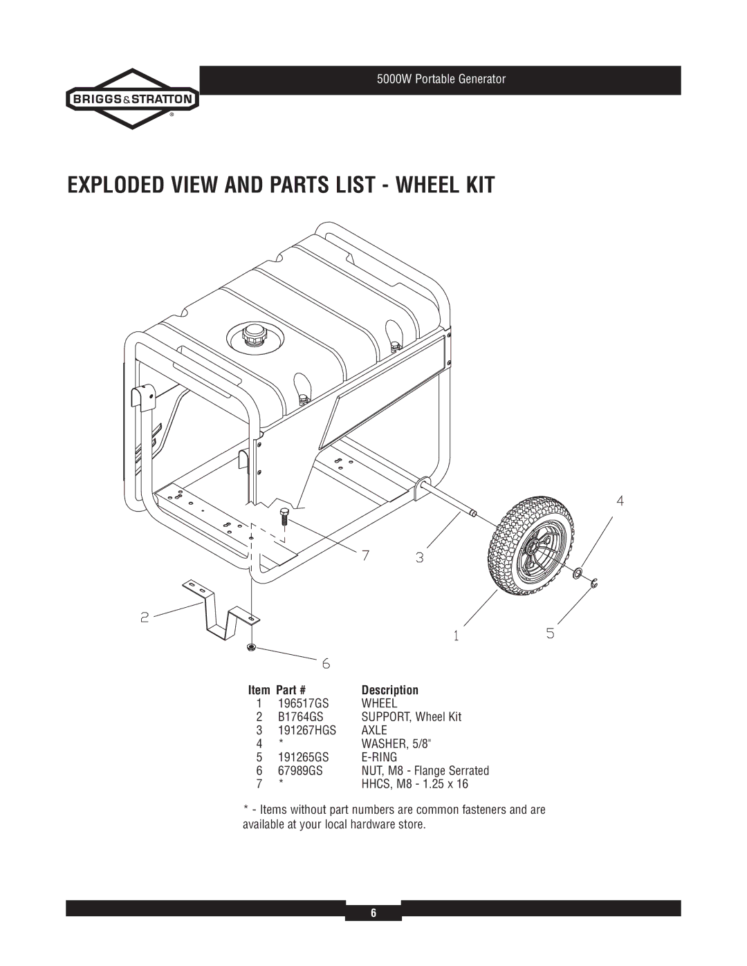 Briggs & Stratton 30361 manual Exploded View and Parts List Wheel KIT, Axle, Ring 