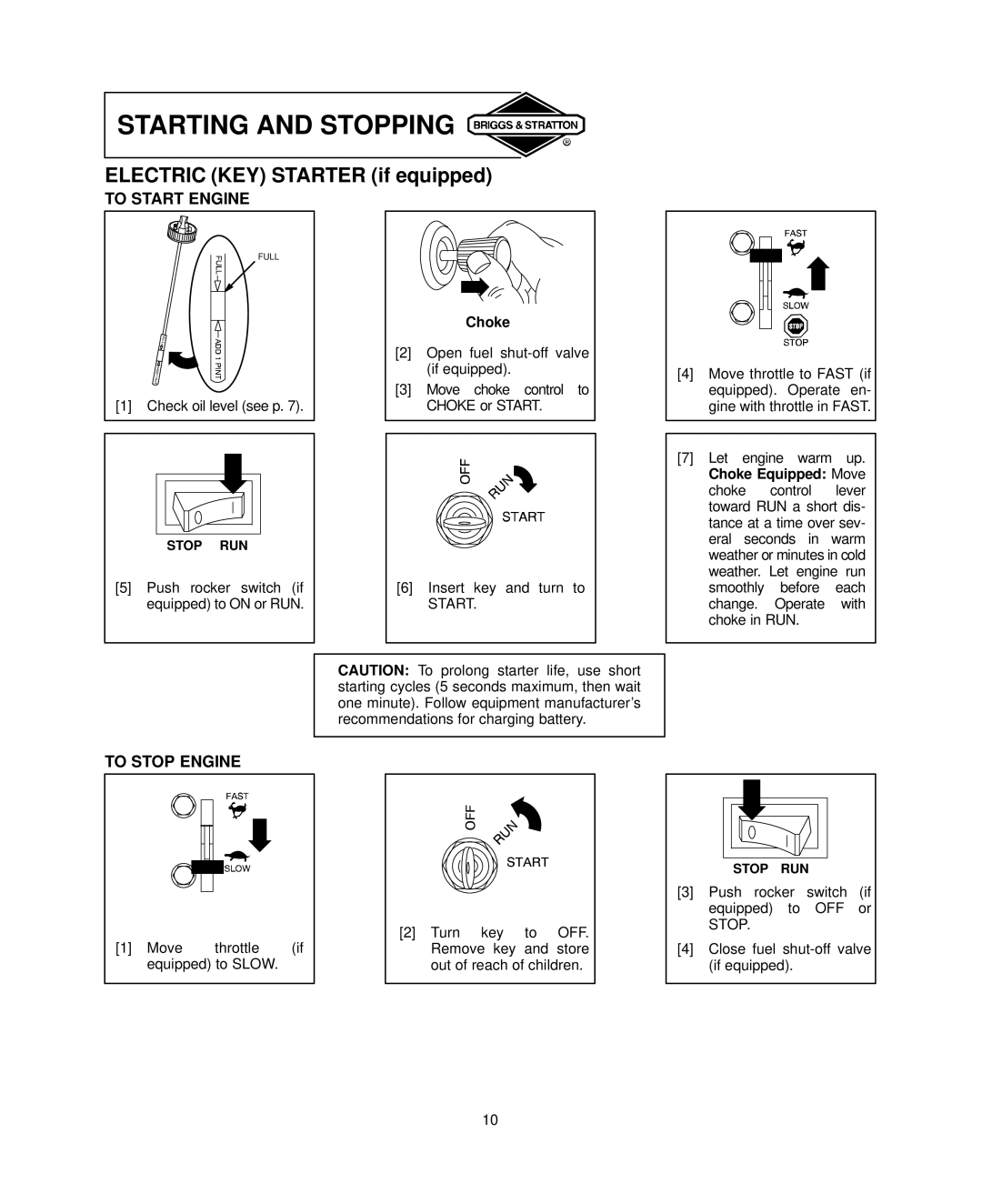 Briggs & Stratton 350700, 303700, 294700, 290700 warranty Electric KEY Starter if equipped 