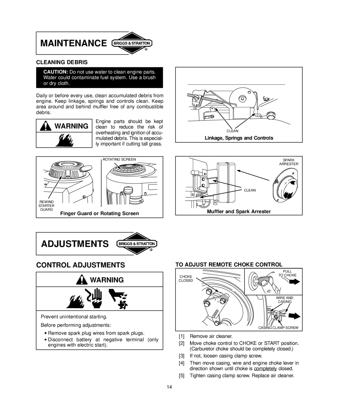 Briggs & Stratton 350700, 303700, 294700, 290700 Control Adjustments, Cleaning Debris, To Adjust Remote Choke Control 