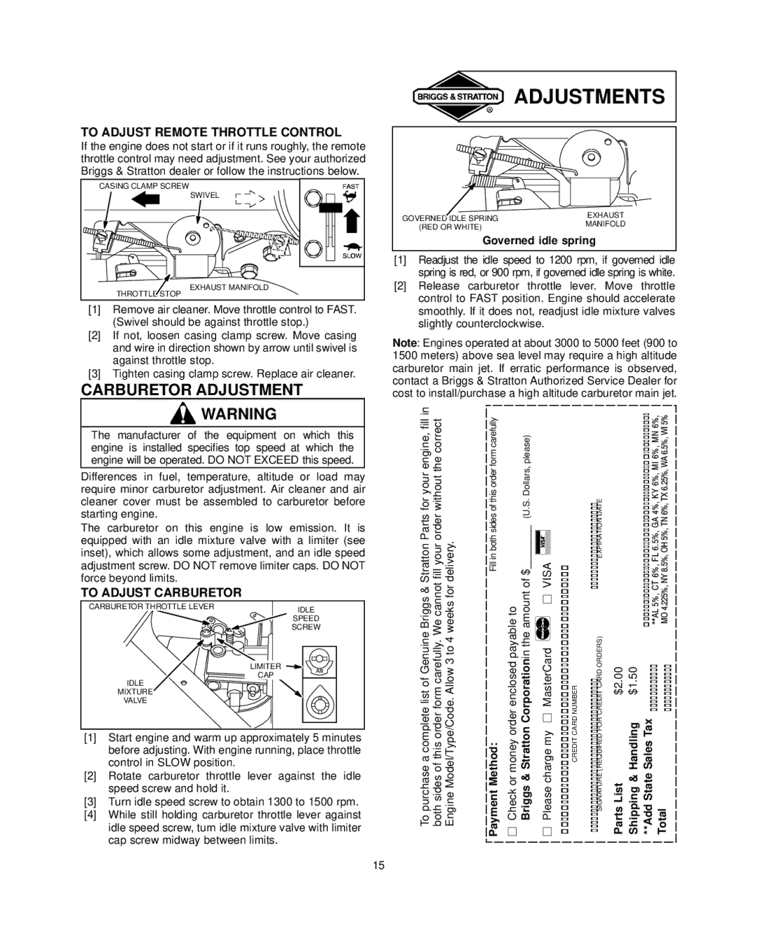 Briggs & Stratton 290700, 303700, 294700 Carburetor Adjustment, To Adjust Remote Throttle Control, To Adjust Carburetor 