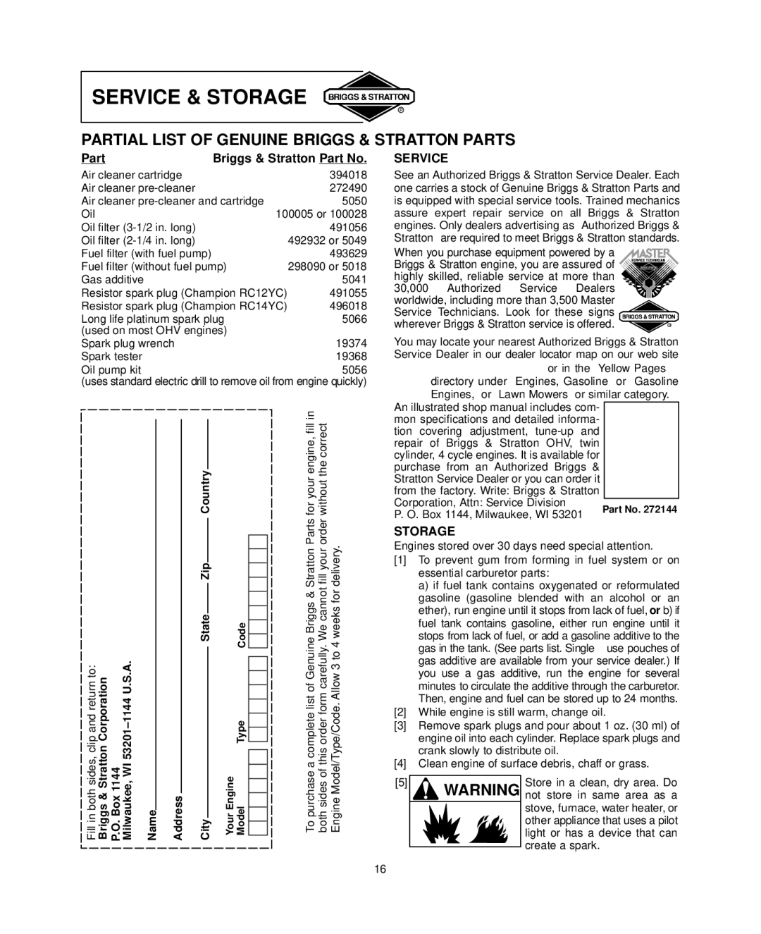 Briggs & Stratton 303700, 294700, 350700, 290700 Service & Storage, Partial List of Genuine Briggs & Stratton Parts, City 