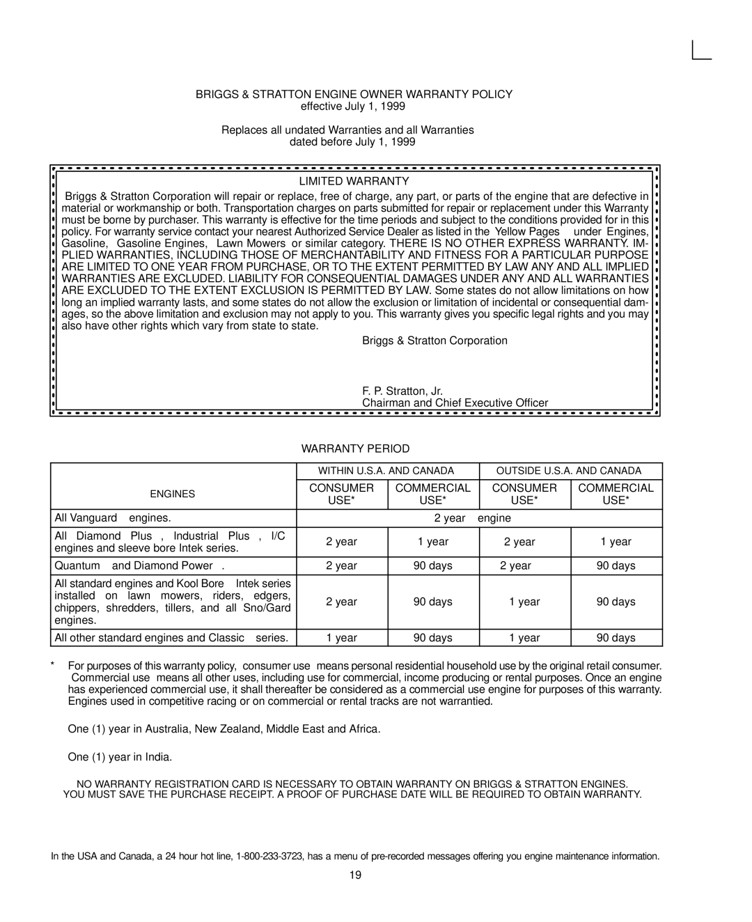 Briggs & Stratton 290700, 303700, 294700, 350700 warranty Briggs & Stratton Engine Owner Warranty Policy 