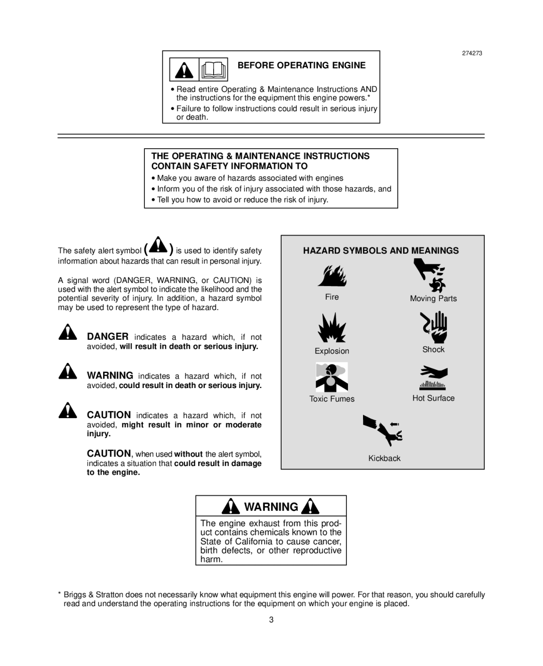 Briggs & Stratton 290700, 303700, 294700, 350700 warranty Before Operating Engine, Hazard Symbols and Meanings 