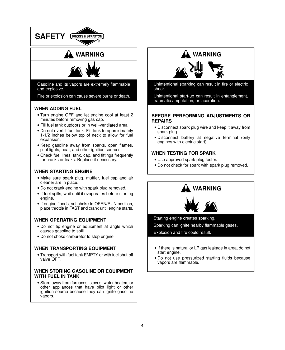 Briggs & Stratton 303700, 294700, 350700, 290700 warranty Safety 