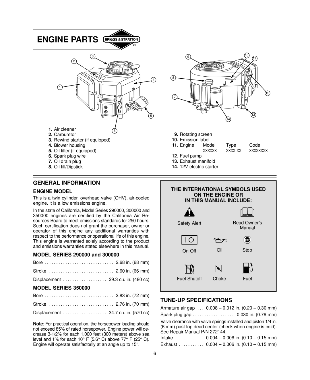 Briggs & Stratton 350700, 303700, 294700, 290700 warranty Engine Parts, Engine Model, Model Series 