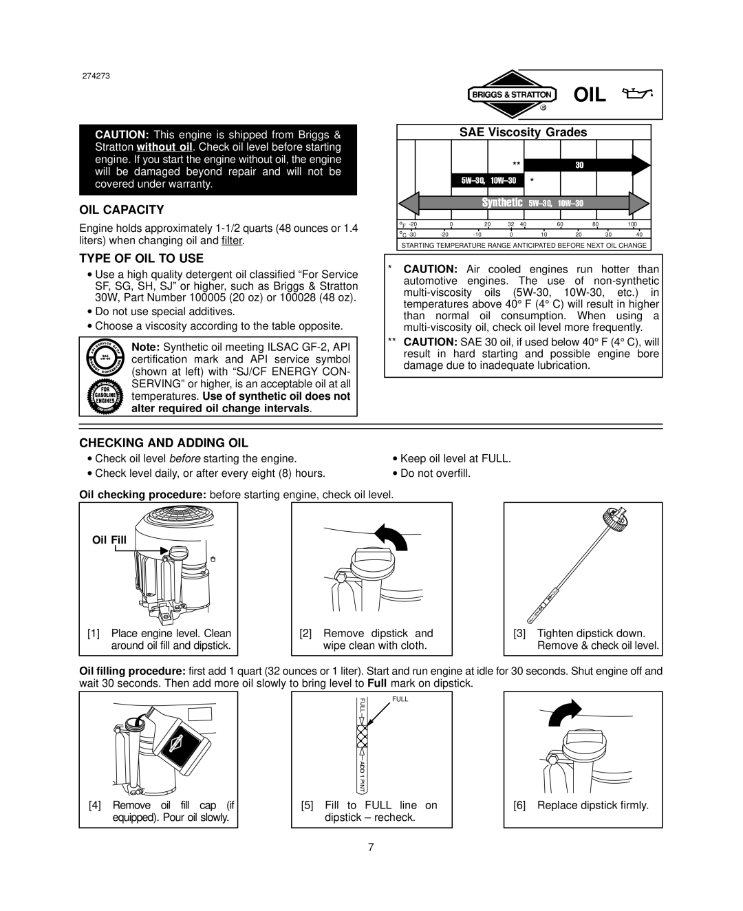 Briggs & Stratton 290700, 303700, 294700, 350700 OIL Capacity, Type of OIL to USE, Checking and Adding OIL, Oil Fill 