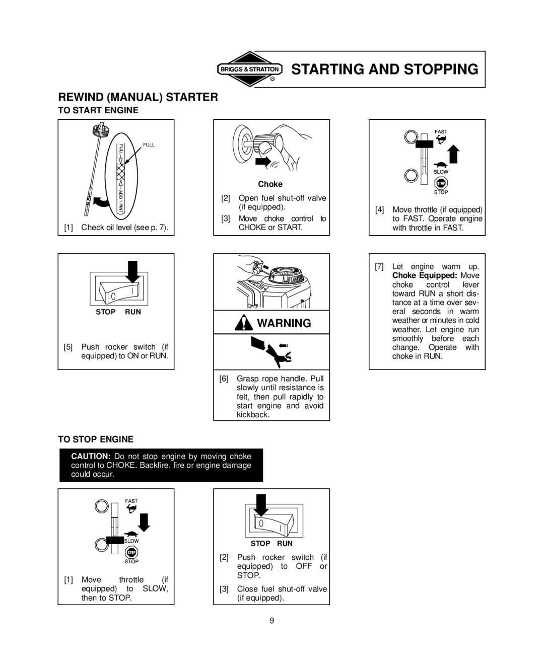 Briggs & Stratton 294700, 303700 Starting and Stopping, Rewind Manual Starter, To Start Engine, To Stop Engine, Choke 