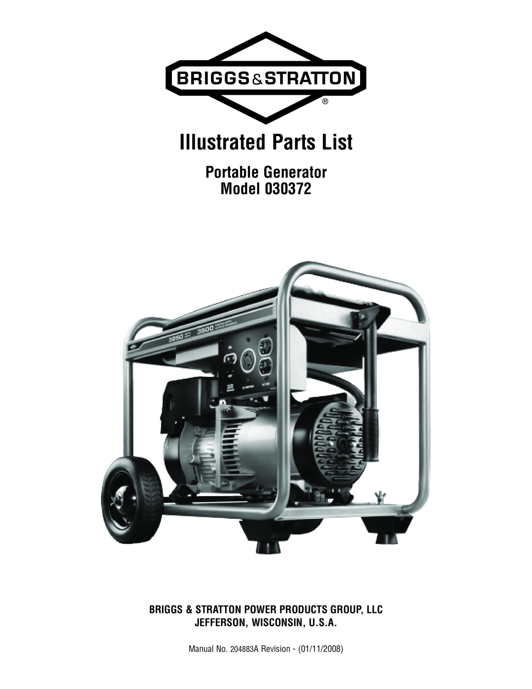 Briggs & Stratton 30372 manual Portable Generator Model, Illustrated Parts List, Jefferson, Wisconsin, U.S.A 