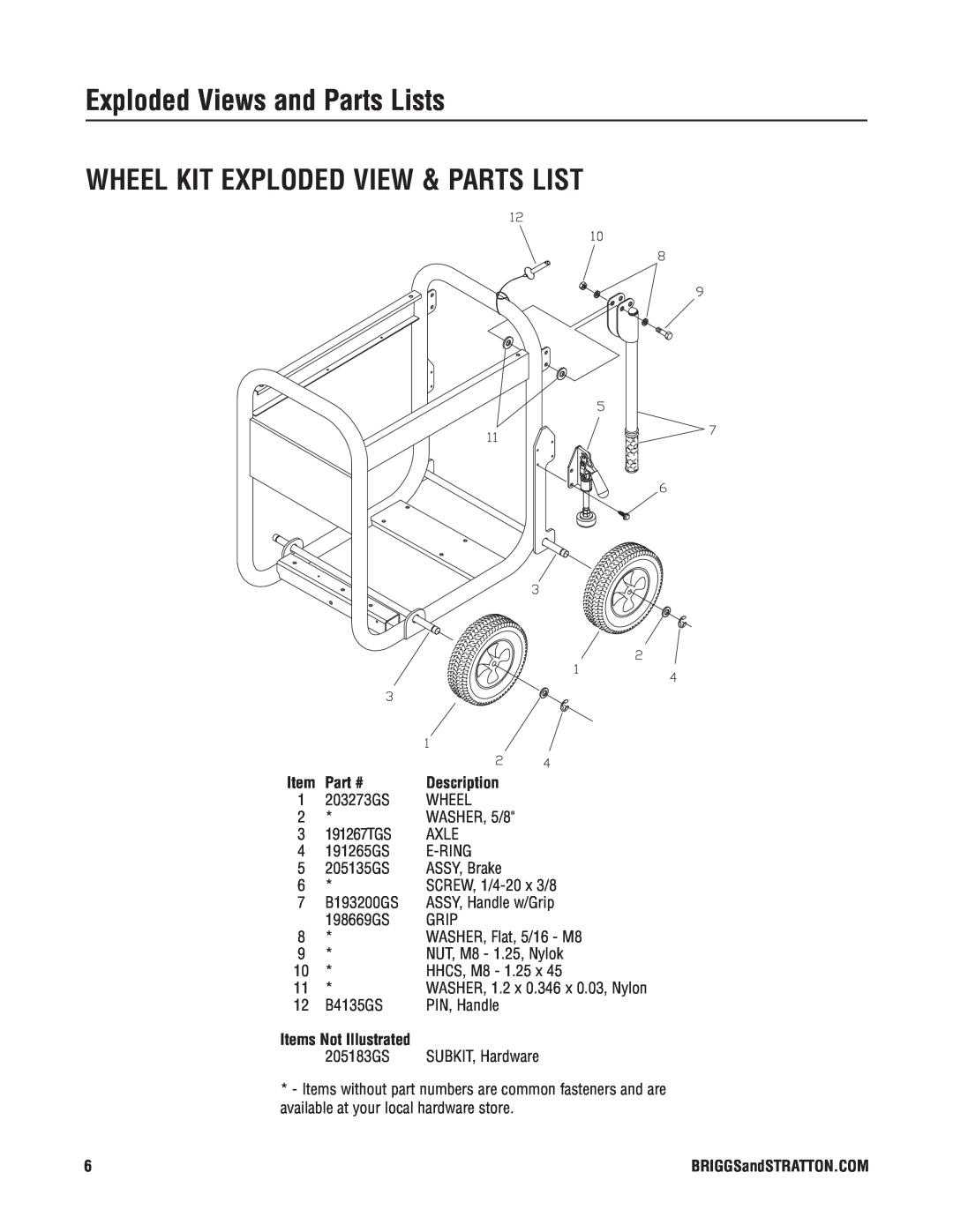 Briggs & Stratton 30382 manual Wheel Kit Exploded View & Parts List, Exploded Views and Parts Lists, Description 