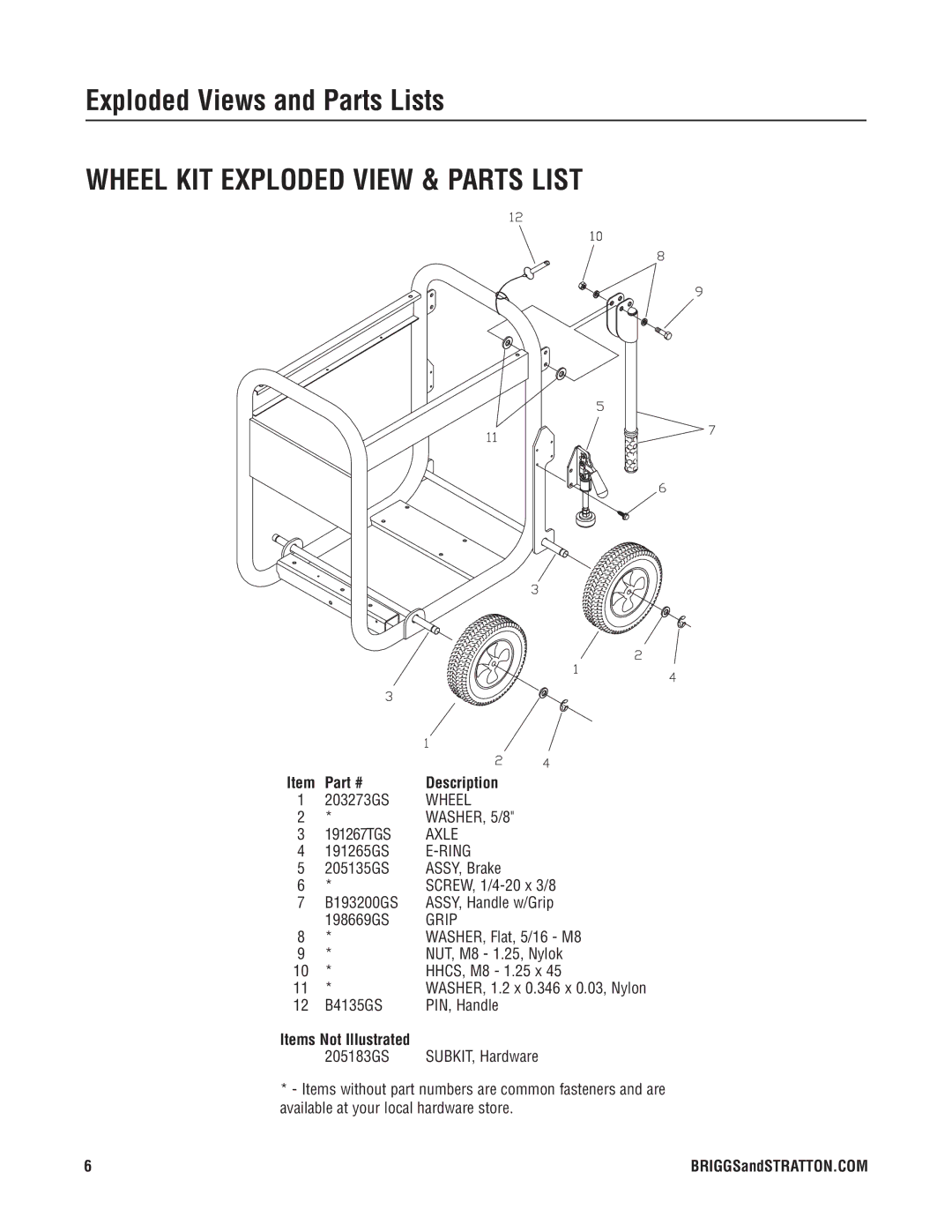 Briggs & Stratton 30382 manual Wheel KIT Exploded View & Parts List, Axle, Ring, Grip 