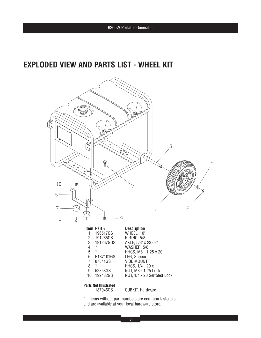 Briggs & Stratton 30386 manual Exploded View And Parts List - Wheel Kit, 6200W Portable Generator, Part # 