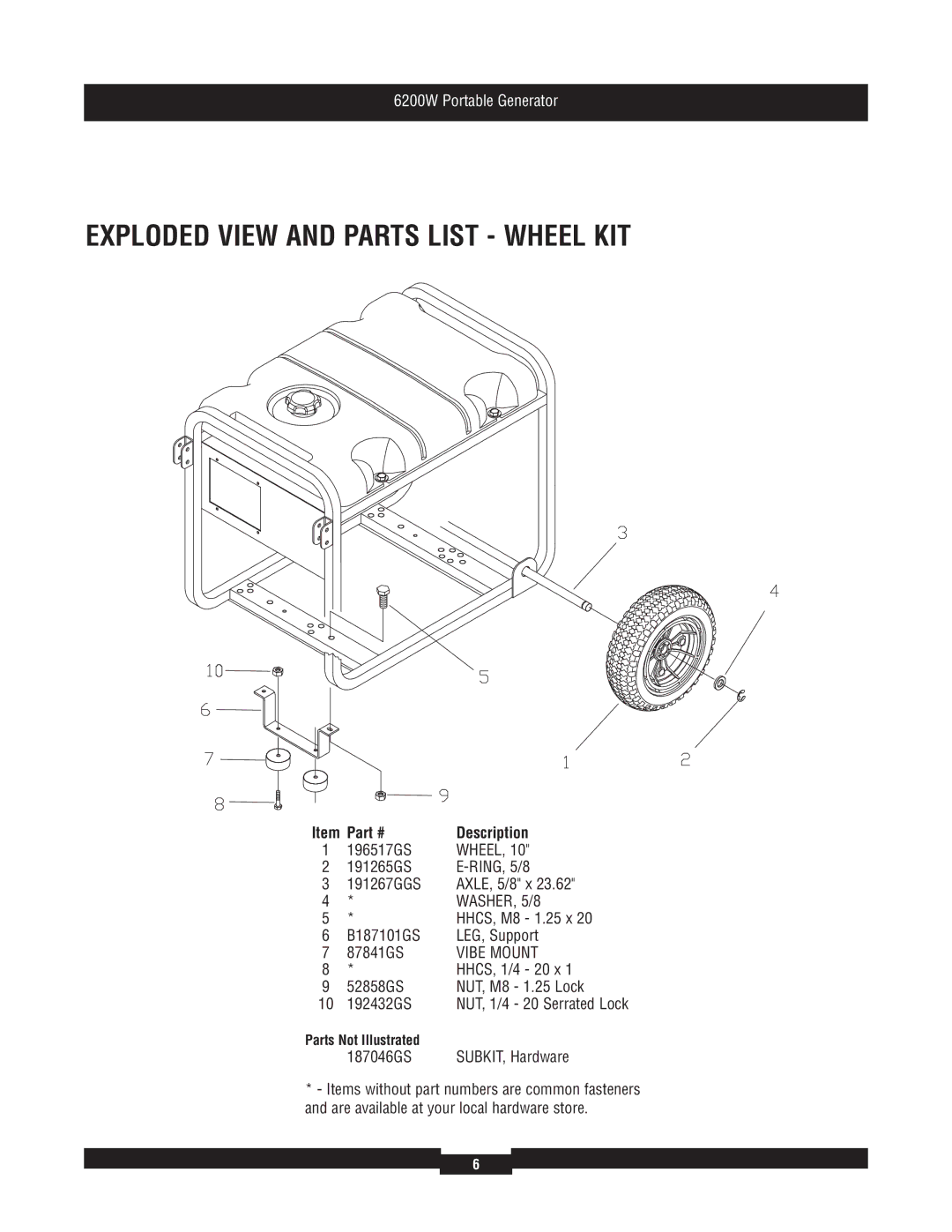 Briggs & Stratton 30386 manual Exploded View and Parts List Wheel KIT, WASHER, 5/8, Vibe Mount 