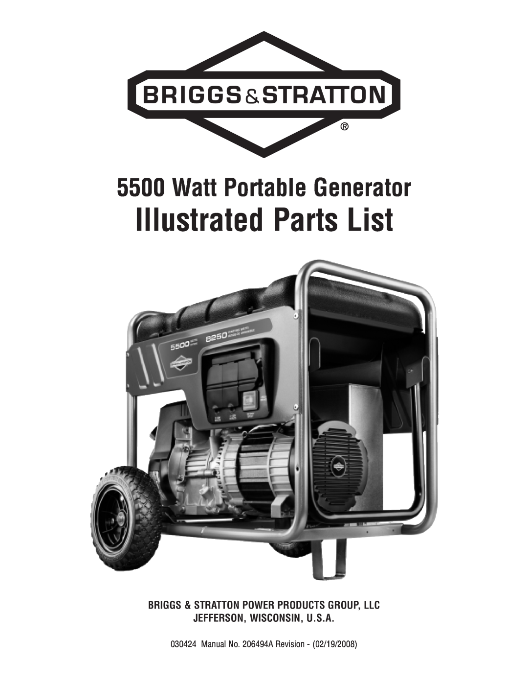 Briggs & Stratton 30424 manual Illustrated Parts List, Watt Portable Generator, Jefferson, Wisconsin, U.S.A 