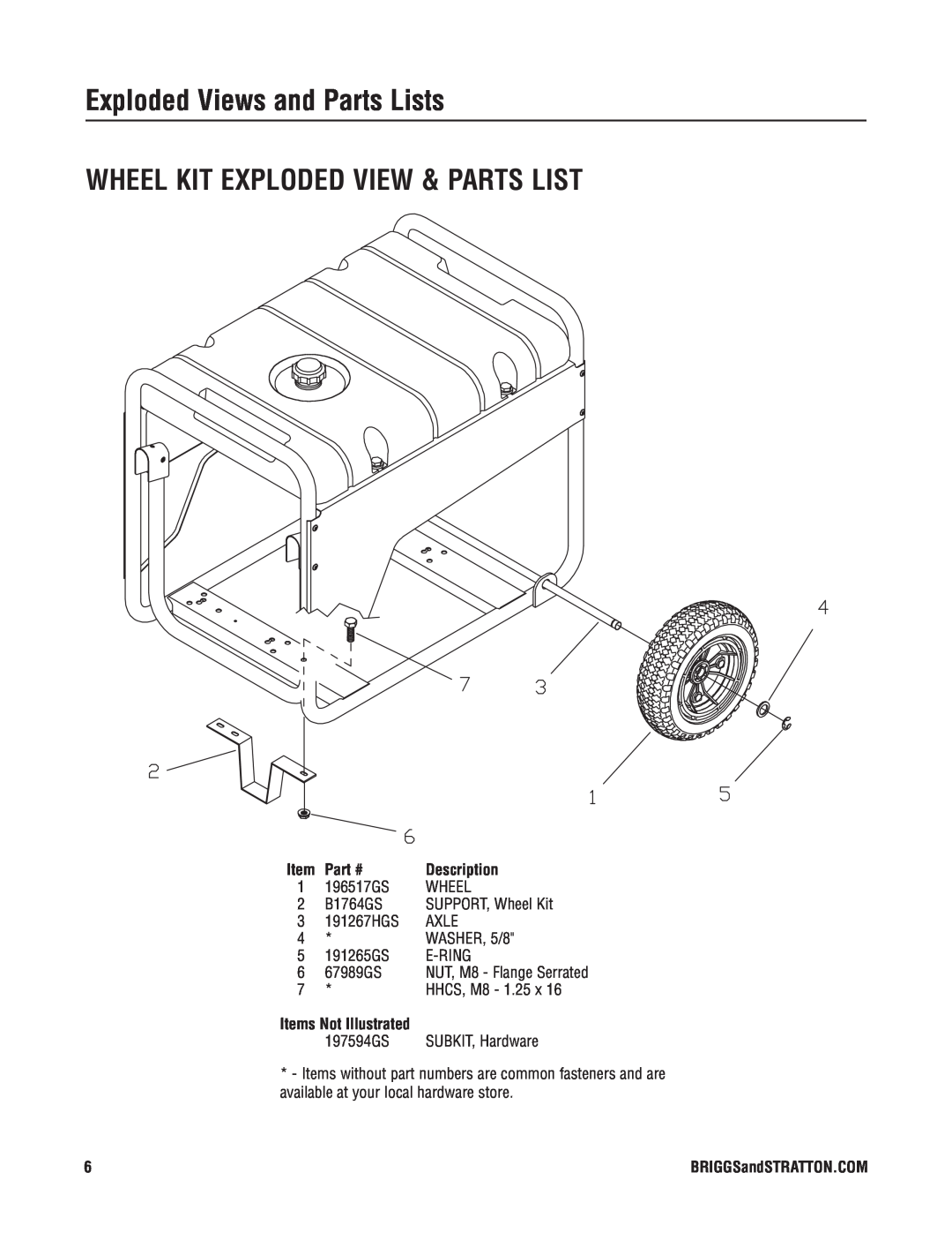 Briggs & Stratton 30424 manual Wheel Kit Exploded View & Parts List, Items Not Illustrated, Exploded Views and Parts Lists 
