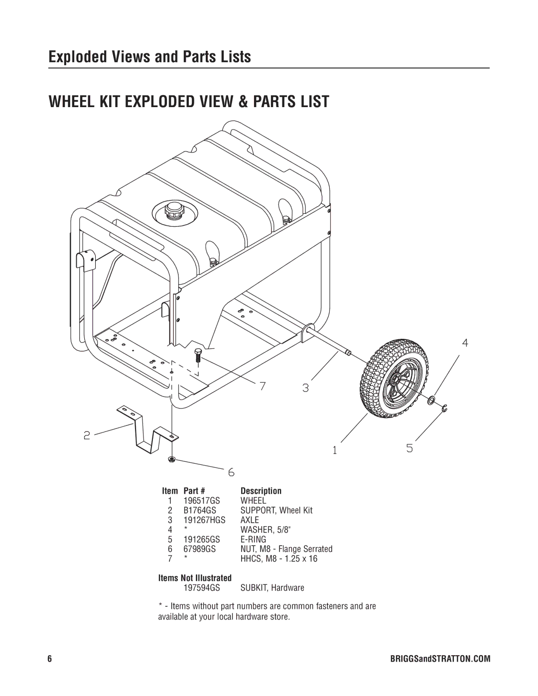 Briggs & Stratton 30424 manual Wheel KIT Exploded View & Parts List, Items Not Illustrated 