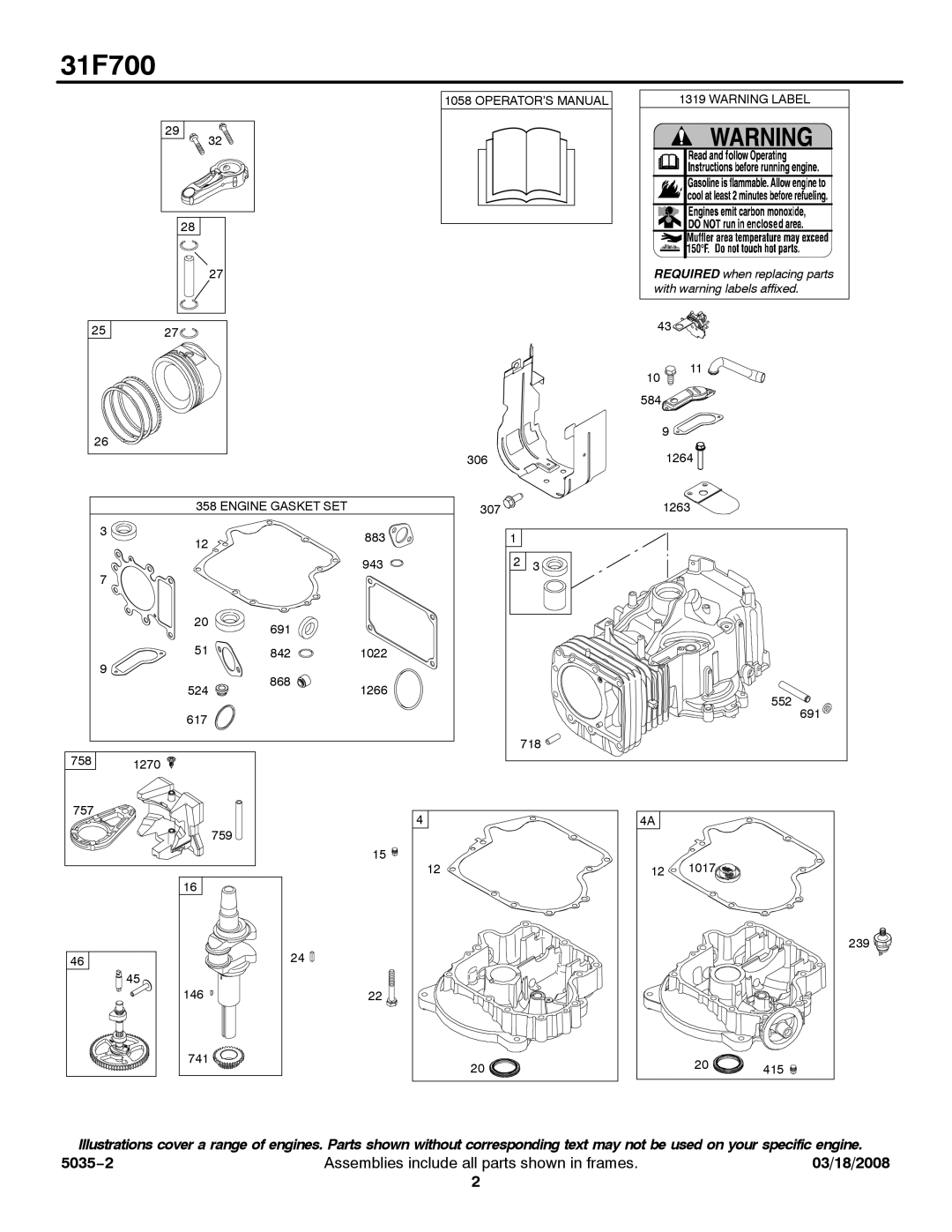 Briggs & Stratton 31F700 Series service manual With warning labels affixed 