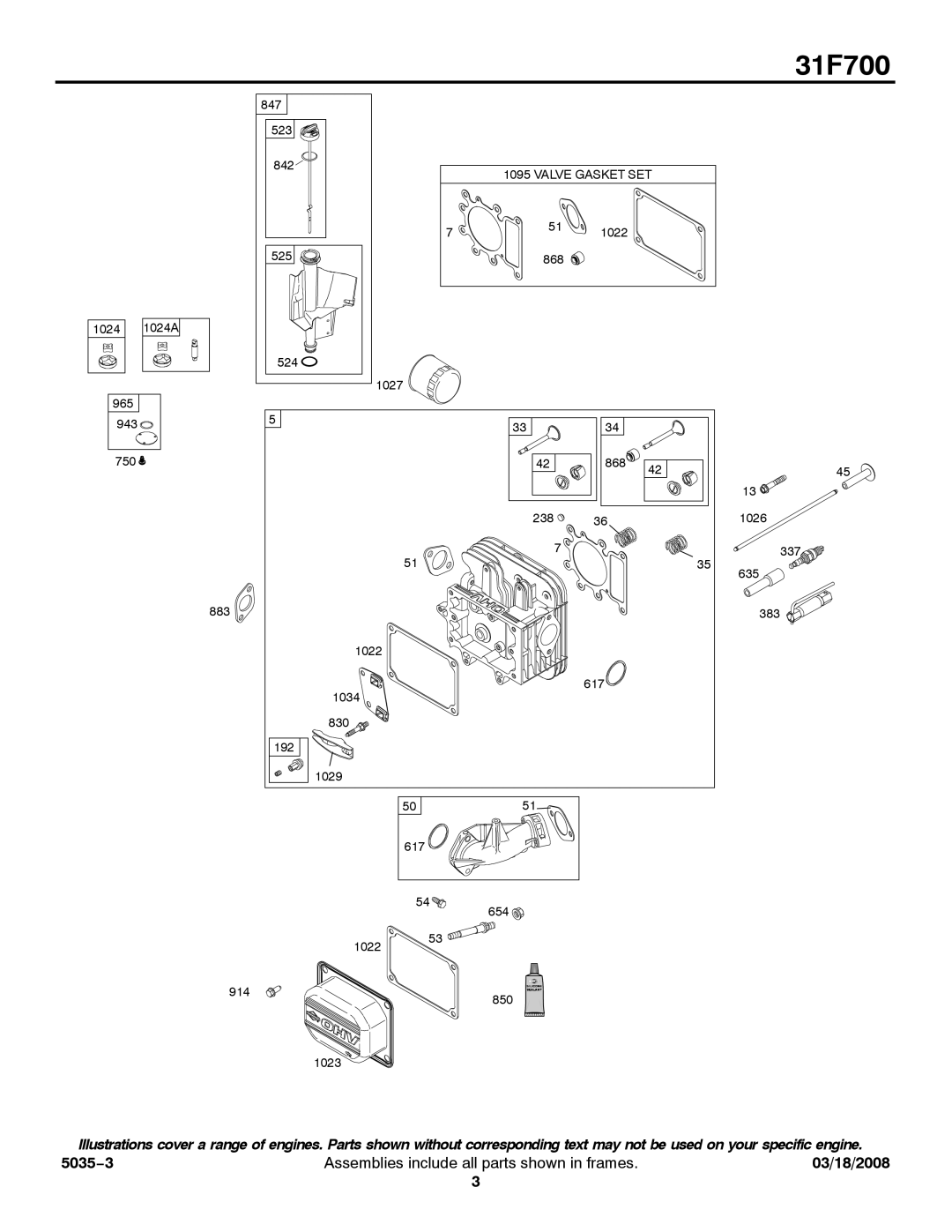 Briggs & Stratton 31F700 Series service manual Valve Gasket SET 