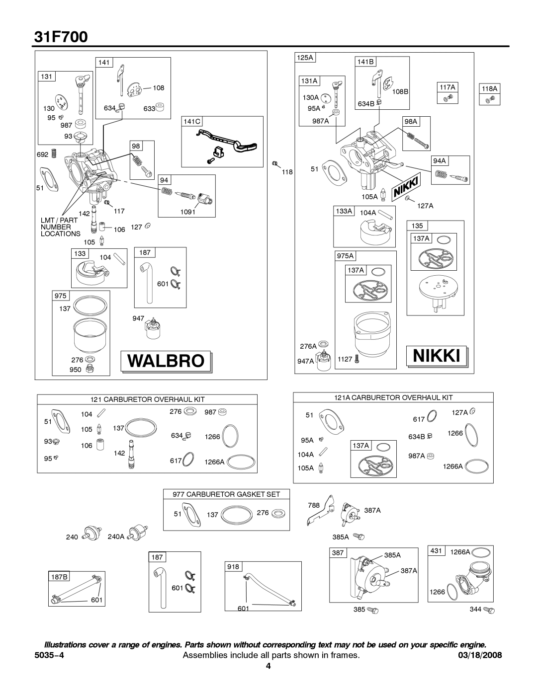 Briggs & Stratton 31F700 Series service manual Walbro 