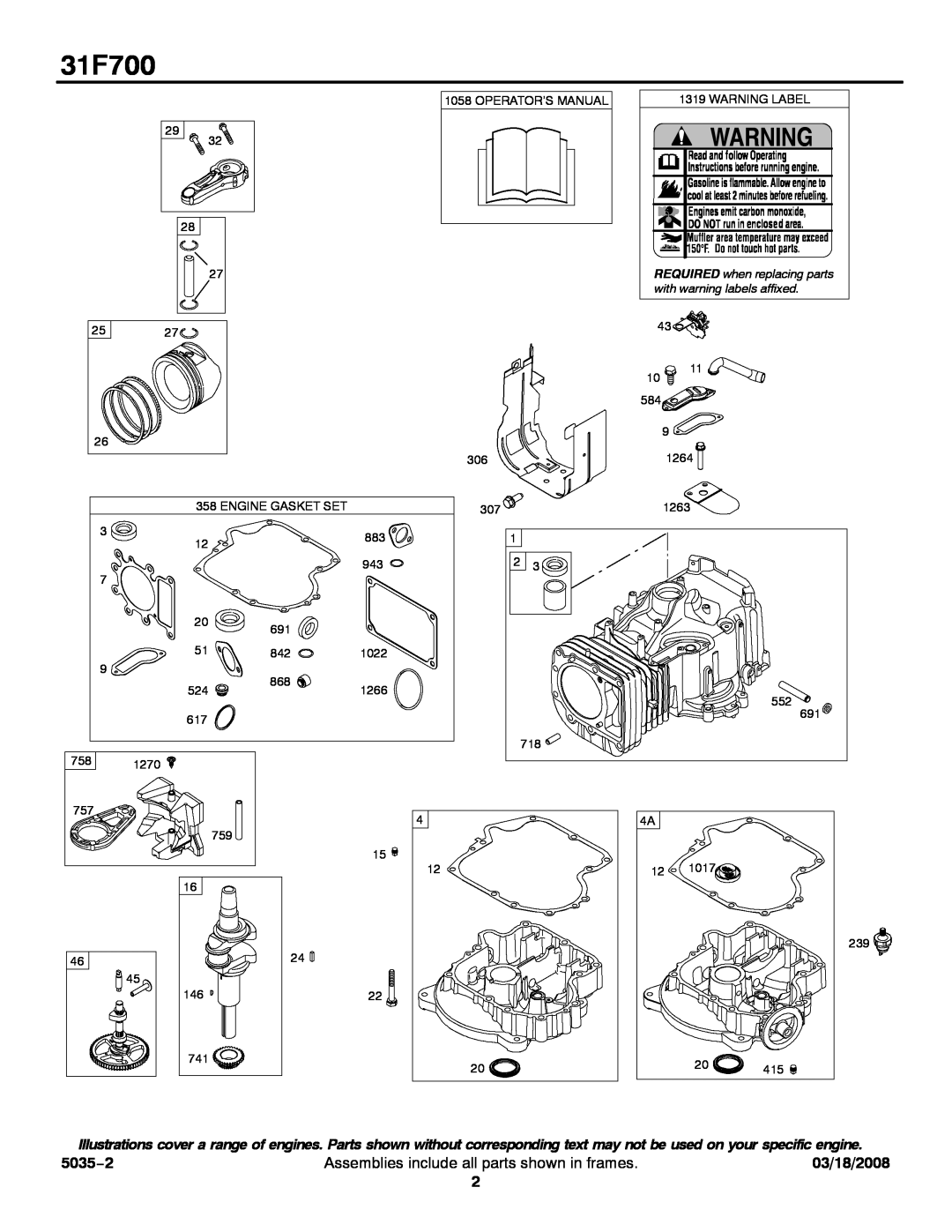 Briggs & Stratton 31F700 Series service manual 5035−2, Assemblies include all parts shown in frames, 03/18/2008 