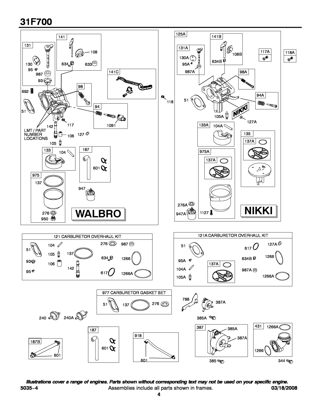 Briggs & Stratton 31F700 Series Nikki, 5035−4, Walbro, Assemblies include all parts shown in frames, 03/18/2008 