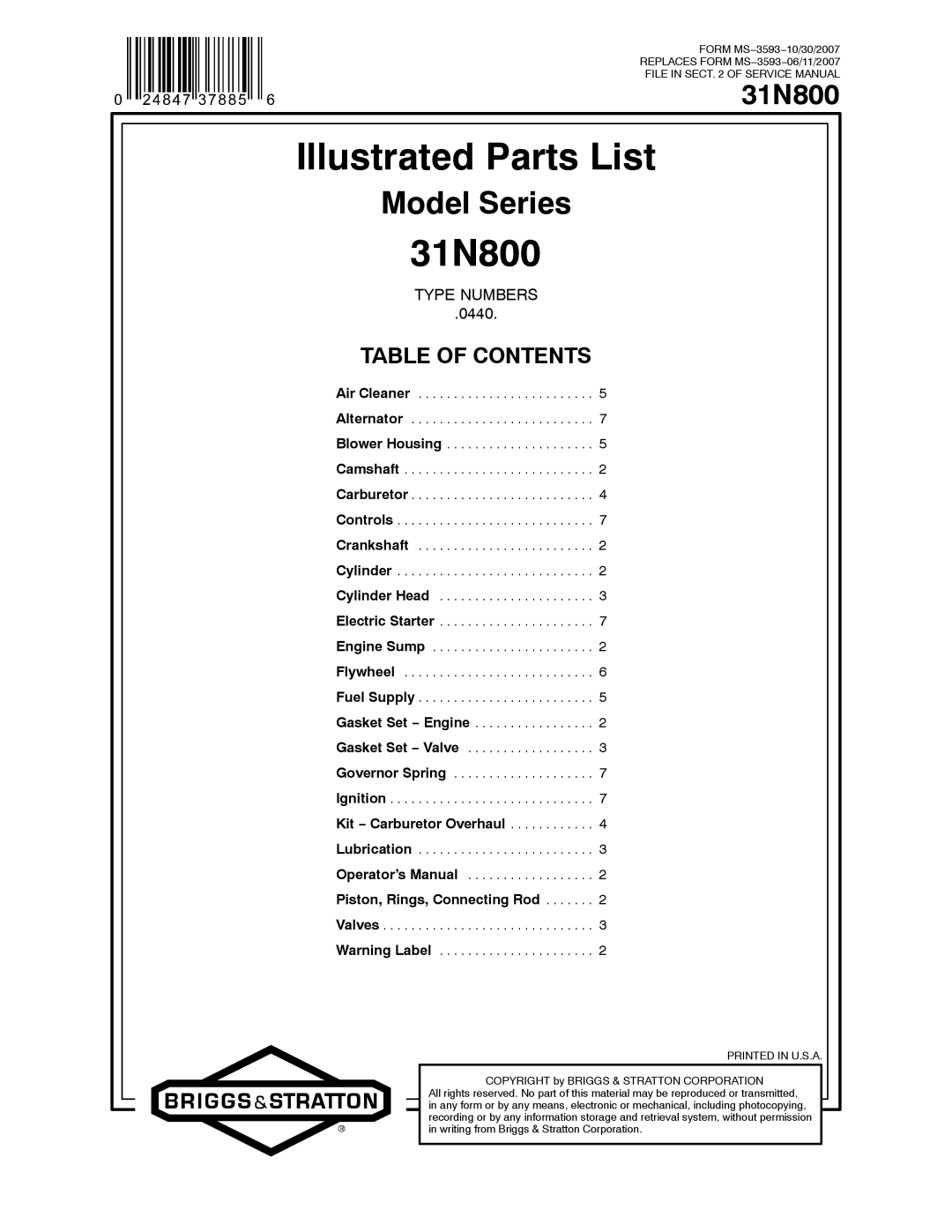 Briggs & Stratton 31N800 service manual Illustrated Parts List 