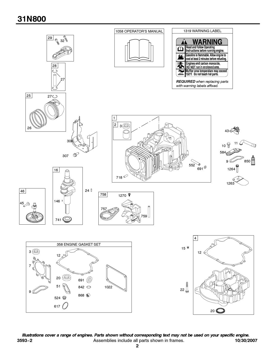 Briggs & Stratton 31N800 service manual Required when replacing parts 