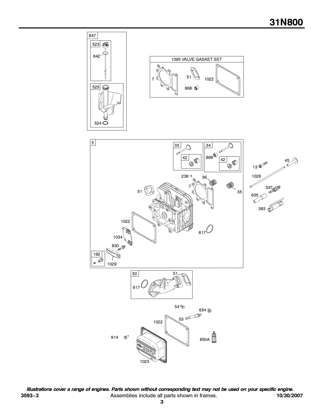 Briggs & Stratton 31N800 service manual Valve Gasket SET 