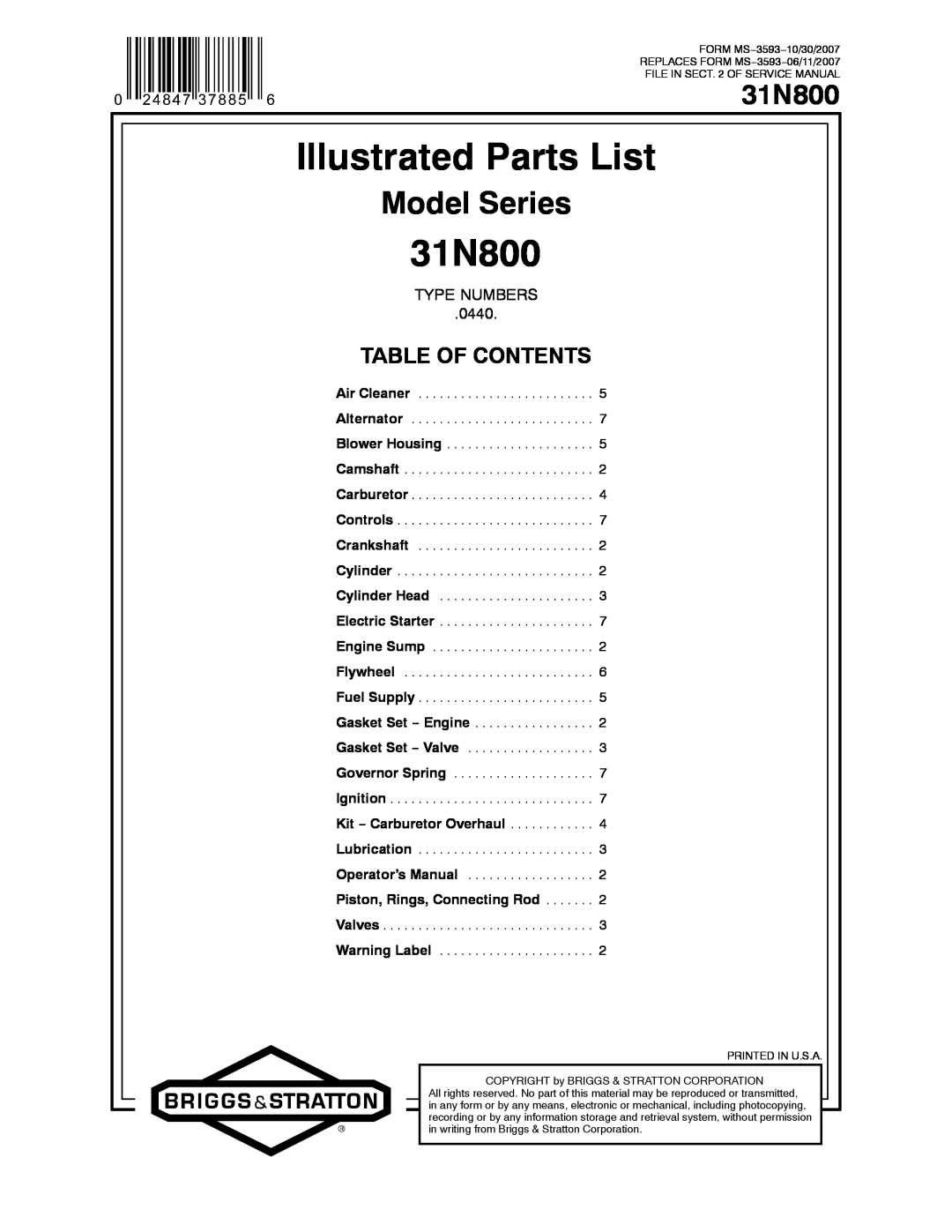 Briggs & Stratton 31N800 service manual Illustrated Parts List, Model Series, Table Of Contents, Type Numbers 