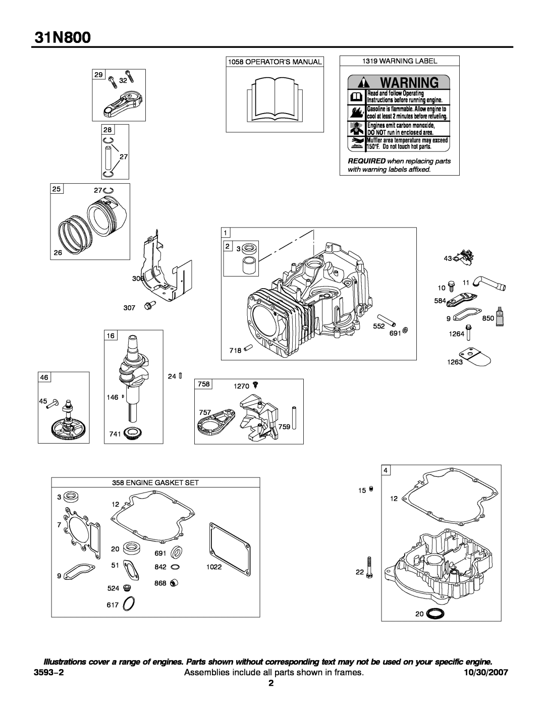Briggs & Stratton 31N800 service manual 3593−2, Assemblies include all parts shown in frames, 10/30/2007 